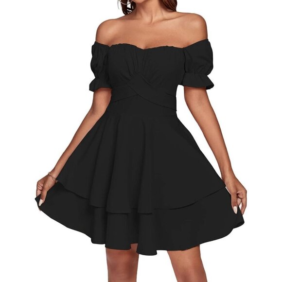 Women Black Tie Back Off Shoulder Wrap Layer Ruffle Short Sleeve Mini Dress - Picture 5 of 7